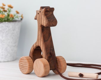 Handmade pull & push wooden giraffe toy on wheels Baby boy girl gift Montessori educational toddler toys Animal toy for kids birthday