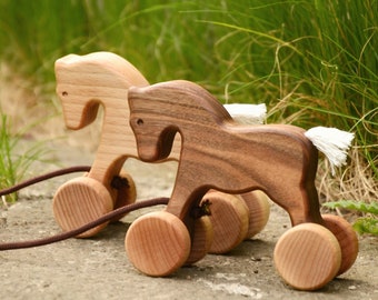 Wooden Horse pull & push toy on wheels for toddler, Handmade Montessori educational toys for baby boys girls, Vintage style gifts for kids