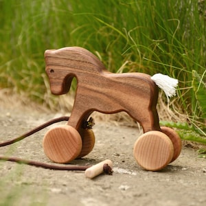Juguete de madera para tirar y empujar con forma de caballo, animal con ruedas para niños pequeños, juguete educativo sensorial Montessori Waldorf para niños de 1 a 2 años, regalo para bebé niño y niña.