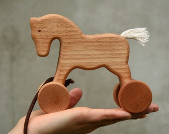 Wooden horse pull & push toy for toddler, Montessori educational toy, baby boy girl gift, Waldorf animal toys, Gifts for kids, Handmade toy