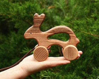 Giocattolo in legno a forma di coniglietto da tirare e spingere, giocattolo educativo per bambini, giocattolo didattico Montessori Waldorf, regali per bambini, regalo di compleanno per neonati, animale su ruote