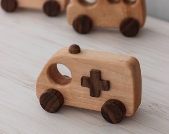 Wooden Little Сar Ambulance toys for toddler, First birthday gift for Boys Vintage style toy from Ukraine shops