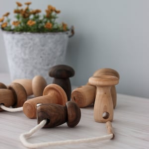 May include: A set of wooden mushroom toys strung together with a white cord. The mushrooms are in various shades of brown and natural wood.