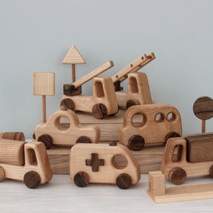 Set of 7 little  wooden cars toys: Nursery decor, Small vehicle toy, Birthday baby boy gift, Baby room decor, Sensory natural toddler toys