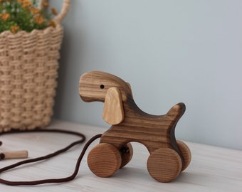 Wooden Pull Push baby toy Dog animals on wheels gift for toddler Montessori toys for 1 year old from Ukraine shops