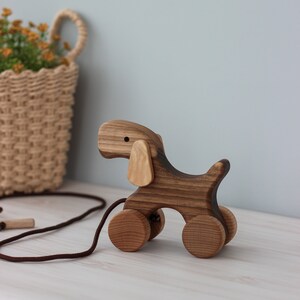 Op de afbeelding: Houten speelgoedhond van bruin en lichtbruin hout. De hond heeft vier wielen en een bruin touw dat aan zijn rug is bevestigd. De hond staat op een wit oppervlak.