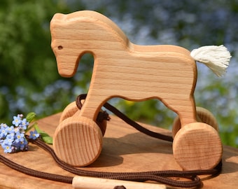 Klassiek houten paard trek- en duwspeelgoed - Babymeisje cadeau, Montessori Waldorf Educatief peuterspeelgoed, Vintage stijl cadeaus voor kinderen, Dierenspeelgoed