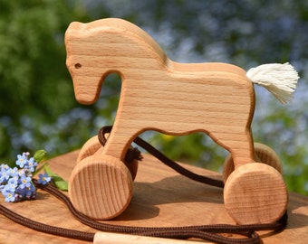 Pull & push Horse wooden toy, Animal on wheels for toddler, Sensory Montessori Waldorf Educational toy for 1 year old, Baby birthday gift