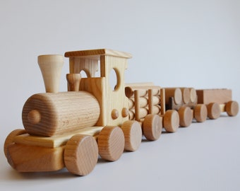 Wooden train set toy on wheels with carriages for Toddler Locomotive car Baby boy personalized birthday gift Educational sensory kids toys