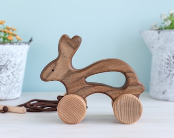 Giocattolo in legno a forma di coniglietto da tirare e spingere: giocattolo educativo per bambini, giocattolo didattico Montessori Waldorf, regali per bambini, regalo di compleanno per neonati, animale su ruote