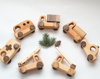 Set of 7 wooden little cars toy, Montessori Toys for Children, Push car on wheels for toddler, Vintage style toy, push & pull toys for boys