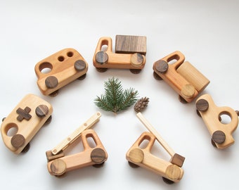 Lot de 7 petites voitures en bois pour bébés garçons, jouet Montessori pour tout-petit, voiture à pousser, cadeau pour enfants, jouet de style vintage, voitures personnalisées