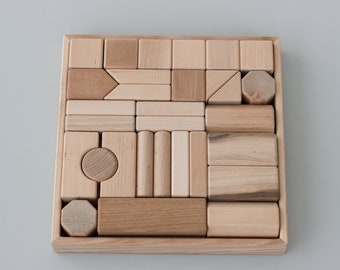 Wooden building blocks box Set 39 pcs., Baby girl boy gift Constructor Educational Montessori Waldorf toy for toddler Preschool toy for kids
