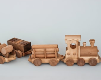 Wooden train set toy for 2 3 year old, Locomotive with carriages, Montessori Waldorf toddler toys, Boys Girls birthday gift, Push car toy