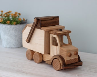 Wooden garbage truck car toy for boys Large push car on wheels Personalized toys for toddler Pretend play Baby birthday gift from Ukraine