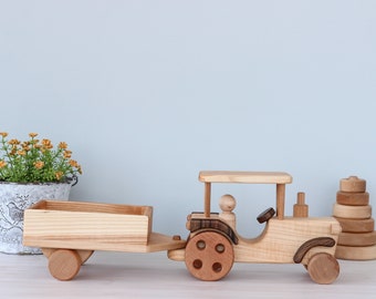 Wooden Truck car toy Personalized toys for boys Baby boy gift  Push tractor toy Montessori waldorf toys for toddler Handmade vintage car