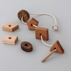 Wooden lacing toy with geometry shapes: Educational Montessori sensory toys for toddler, Fidget toys, Gifts for kids, Homeschool natural toy