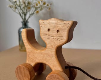 Holzkatze Zieh- und Schiebespielzeug - Montessori Lernspielzeug für Kleinkinder, Tiere auf Rädern für Kinder für Kinder, Waldorf sensorisches natürliches Spielzeug für Babygeschenk