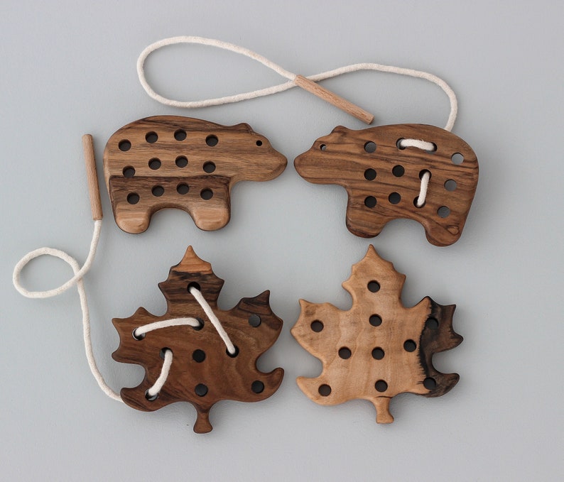 Wooden lacing toy Bear Leaf Educational montessori toy for toddler activities Baby boy girl gift Toys for 1 year old Fidget toy image 1