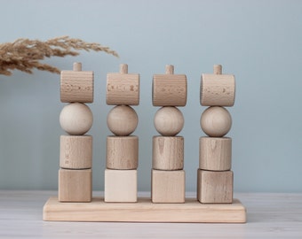 Montessori wooden Stacking Sorter for 1st Birthday gift - Geometric Shapes Learning natural wood Toy, Educational sorting toy for Toddler