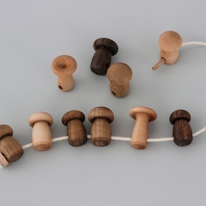 May include: A string of wooden mushroom-shaped beads in various shades of brown, connected by a white string. The beads are strung together in a line, with the string extending out on either side.