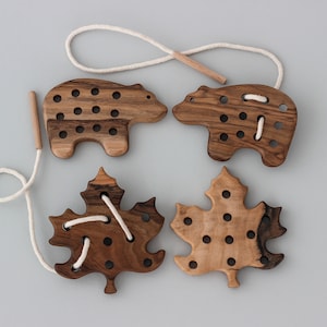 Montessori lacing Bear Leaf wooden toys for baby girls and boys, Educational Waldorf toys for toddler, Kids gift, Sensory fidget eco toy