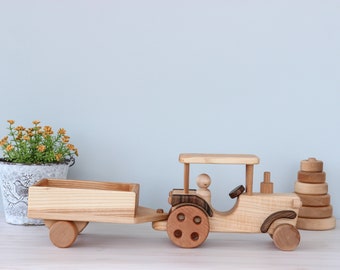 Coche tractor de madera, juguete sensorial waldorf montessori, regalo para bebés, decoración de guardería, regalo personalizado de baby shower, juguetes para niños pequeños