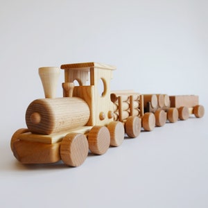 Houten trein op wielen met koetsen, Vaderdagcadeau Locomotiefspeelgoed voor peuterjongens verjaardagscadeau