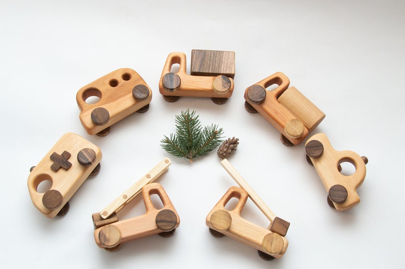 Set of 7 wooden little cars toy, Montessori Toys for Children, Push car on wheels for toddler, Vintage style toy, push & pull toys for boys Set of 7 cars