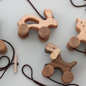 Wooden Pull Push baby toy Dog, Cat, Rabbit, Giraffe animals on wheels gift for toddler Montessori toys for 1 year old from Ukraine shops