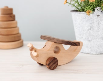 Airplane little wooden toy on wheels Baby boy gift Montessori sensory waldorf toys for toddler Handmade vintage toys 1st birthday gift