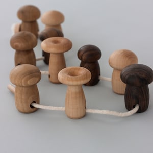 May include: A wooden toy mushroom garland with a string connecting the mushrooms. The mushrooms are in different colors and patterns, including brown, light brown, and dark brown.