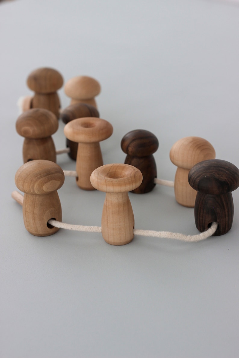 May include: A wooden toy mushroom garland with a string connecting the mushrooms. The mushrooms are in different colors and patterns, including brown, light brown, and dark brown.
