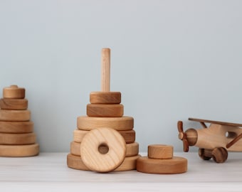 Montessori baby toys: Stacking Rings for 1 year old Wooden Stacking Pyramid sensory toy for baby gift basket Baby christmas gift for Toddler