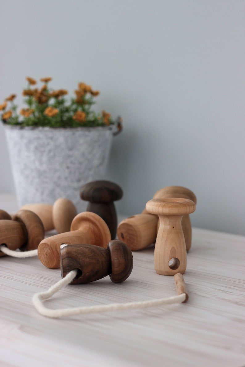 May include: A set of wooden mushroom toys strung together with a white cord. The mushrooms are in various shades of brown and natural wood.