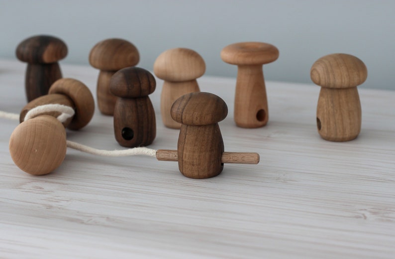 May include: A set of wooden mushroom toys with a string connecting them. The mushrooms are different sizes and colors, and some have holes in the top.