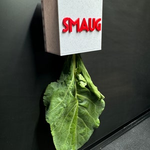 May include: A white, square, 3D printed box with the word "SMAUG" printed in red letters. A green leafy vegetable is hanging from the box.