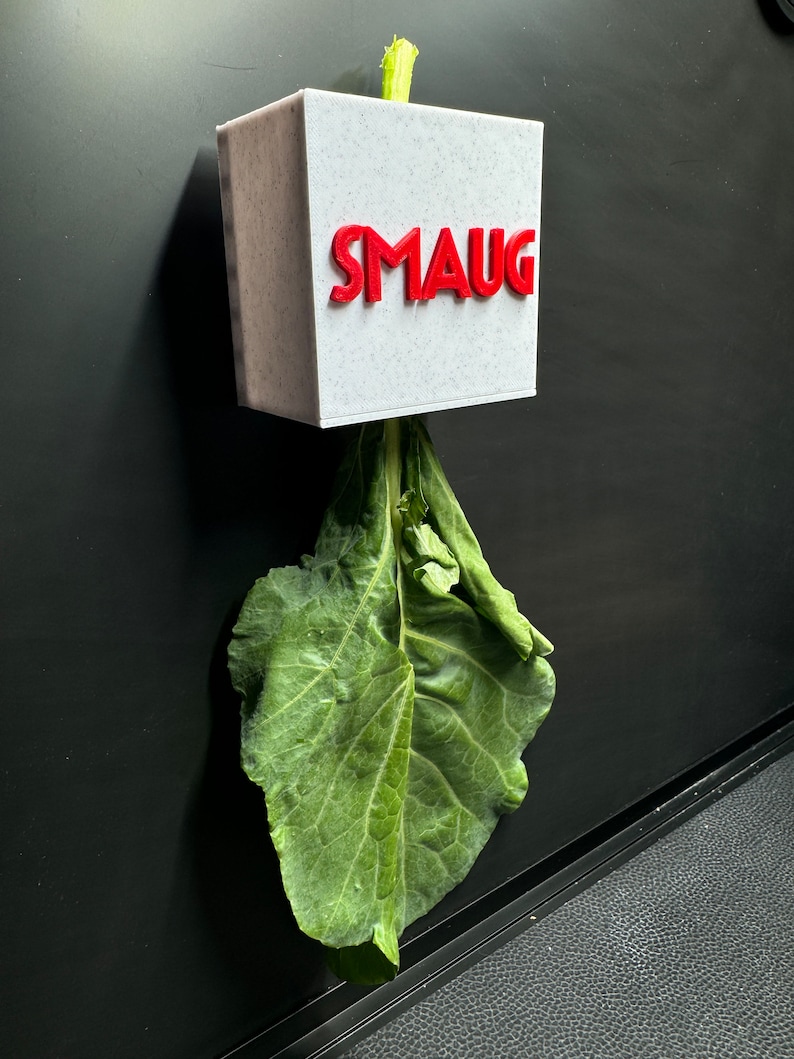 May include: A white, square, 3D printed box with the word "SMAUG" printed in red letters. A green leafy vegetable is hanging from the box.