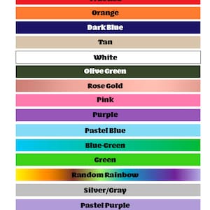 May include: A chart showing 17 different color options for a product. The colors include black, true red, orange, dark blue, tan, white, olive green, rose gold, pink, purple, pastel blue, blue-green, green, random rainbow, silver/gray, pastel purple, sunset rainbow, yellow, and black & white marble.