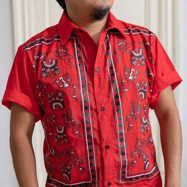 Centzontotochtin Camisa, Mexica (Aztec) Red Shirt, Lords of Pulque, Traditional, Ceremony, Dance, Native American, Mexico, Guayabera