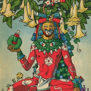 May include: A colorful illustration of a seated figure wearing a red and green costume with a feathered headdress. The figure holds a green object in one hand and a blue snake in the other. The background features green leaves and white flowers.