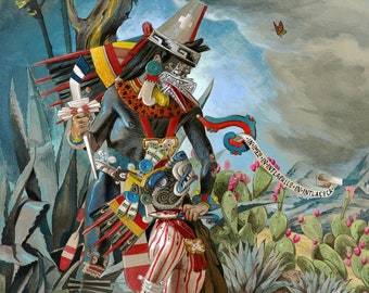 May include: A painting depicting a scene from Mexican mythology. A figure wearing a feathered headdress and a mask stands over another figure kneeling on the ground. The background features a landscape with cacti and agave plants. The text "IN-IHP-IN-INTLAPALLI-IN-INTLACAN" is written on a banner.