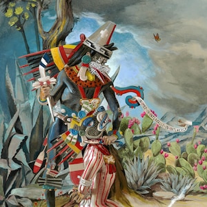 May include: A painting depicting a scene from Mexican mythology. A figure wearing a feathered headdress and a mask stands over another figure kneeling on the ground. The background features a landscape with cacti and agave plants. The text "IN-IHP-IN-INTLAPALLI-IN-INTLACAN" is written on a banner.