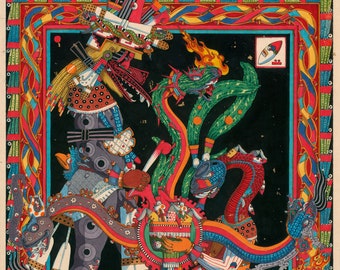 May include: Vibrant illustration with Aztec-inspired figures and a central circular design. The artwork uses reds, greens, blues, and yellows, with intricate patterns. The text "CORAZÓN MÉXICA" is at the bottom of the image.