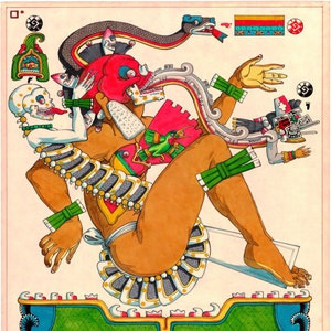 Puede incluir: Una ilustraci&oacute;n colorida de una deidad con una calavera roja, una serpiente y un p&aacute;jaro verde. La deidad lleva una falda blanca y dorada y tiene un fondo verde y azul. La imagen est&aacute; titulada "Coraz&oacute;n M&eacute;xico".