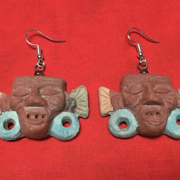 Huehueteotl Nacochtin, Lord of Fire, Lord of Time Earrings, Mexica (Aztec) Mexican Jewelry, Clay