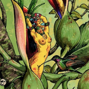 May include: A colorful illustration of a woman standing in a jungle setting. She is surrounded by large, vibrant flowers and a hummingbird. The woman is wearing a headdress and jewelry. The background is a lush green jungle.
