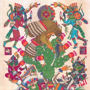 Puede incluir: Ilustración colorida que representa una escena estilizada con figuras en elaborados trajes, un águila y un gran cactus. La obra de arte presenta rojos, azules, verdes y naranjas vibrantes, con detalles y patrones intrincados. El tema sugiere una narrativa cultural o histórica.