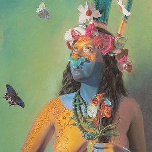 May include: A painting of a woman with blue skin and intricate tattoos. She wears a colorful headdress with flowers and feathers. She holds a bouquet of flowers and butterflies fly around her. The painting is titled "Corazón Mexicana".