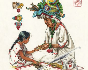 May include: A woman wearing a colorful headdress with a feathered design sits with a young girl. They are both holding small objects in their hands. The woman is wearing a white robe with red and blue accents. The girl is wearing a white shirt with red and blue accents. They are sitting on a rug with a small bowl and a burning candle in front of them.